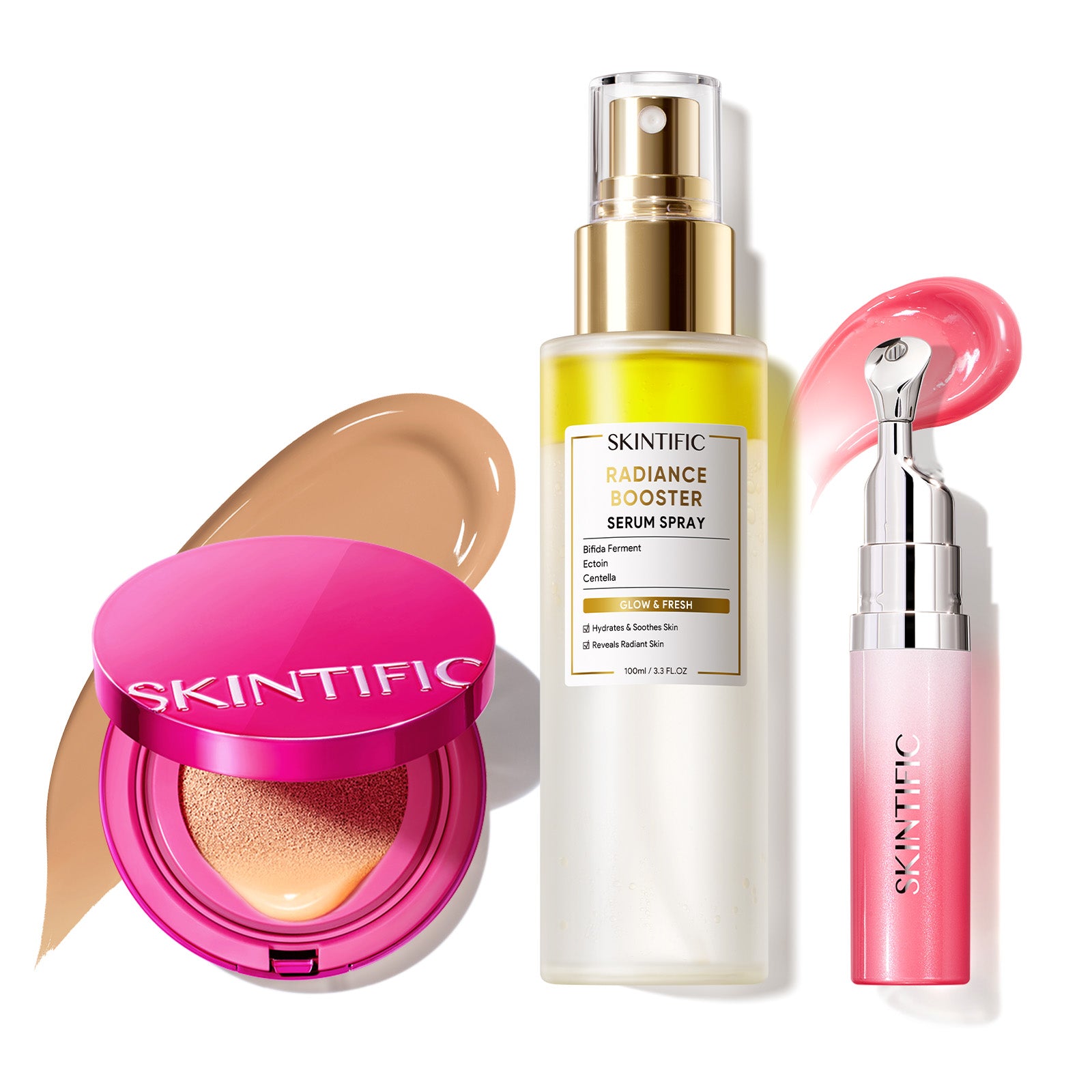 Cushion Glow Cover + Spray Sérum Potenciador + Sérum Labial
